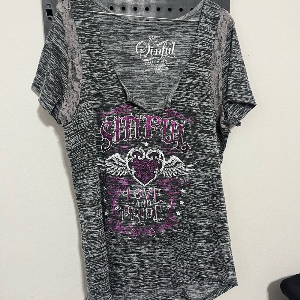 Sinful Gray Space-Dye V-Neck Tee with Purple Graphic